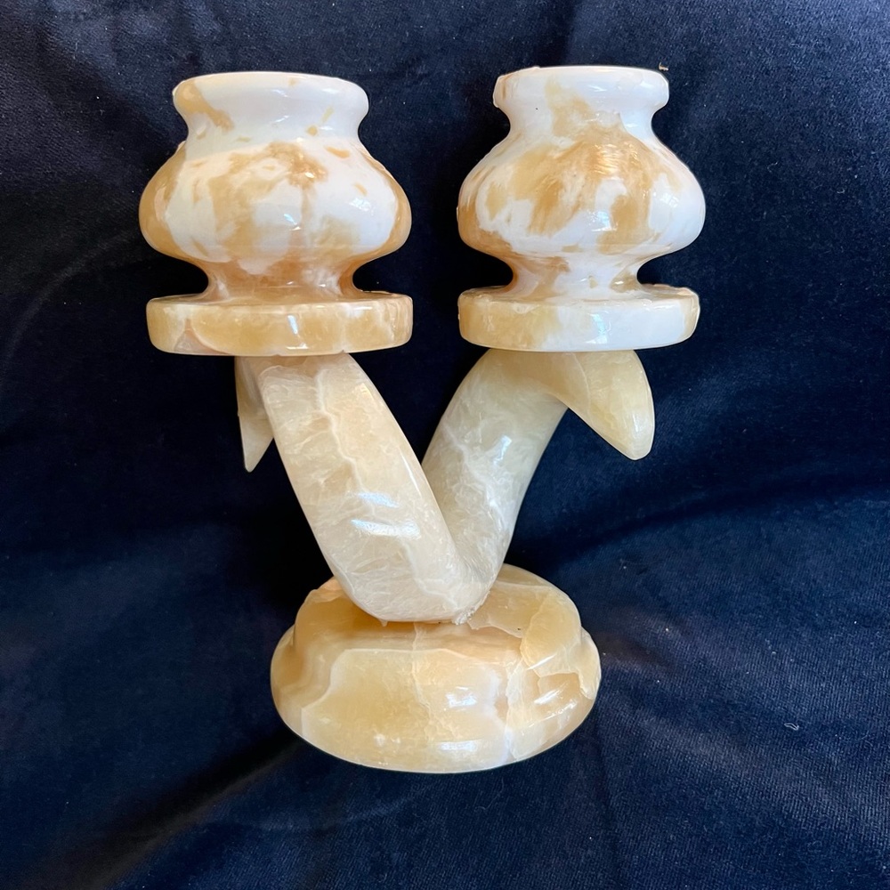 Vintage Honey Onyx Double Candlestick Holder